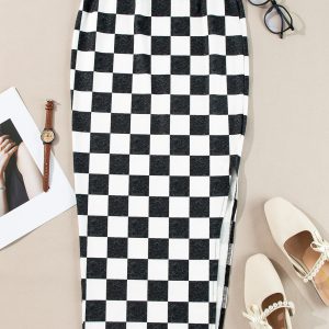 White Checkered Print Side Slit High Waist Midi Skirt