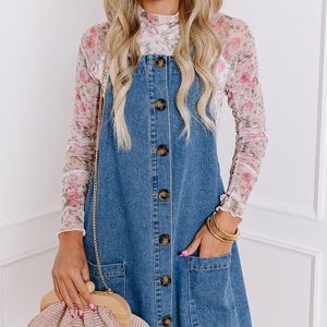 Dusk Blue Wide Strap Button Front Pocketed Denim Mini Dress