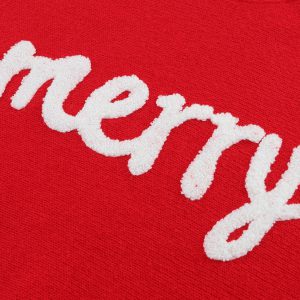 Red Merry Letter Embroidered High Neck Sweater