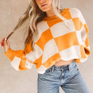 Orange Checkered Bishop Sleeve Sweater