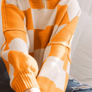 Orange Checkered Bishop Sleeve Sweater