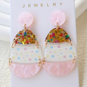 Pink Cute Printed Easter Egg Shape Drop Earrings