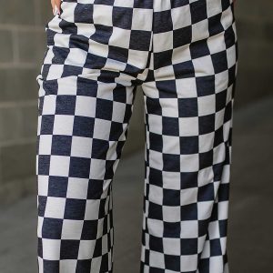 Black 2-Tone Checked Print High Waist Wide Leg Pants