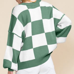 Green Checkered Bishop Sleeve Sweater