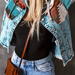 Multicolor Aztec Print Frayed Hem Denim Jacket