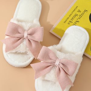 White Bow Knot Decor Open Toe Plush Slippers