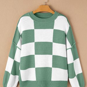 Green Checkered Bishop Sleeve Sweater