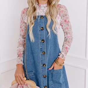 Dusk Blue Wide Strap Button Front Pocketed Denim Mini Dress