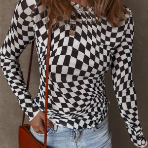 Black Checkered Pattern Mesh Mock Neck Long Sleeve Top