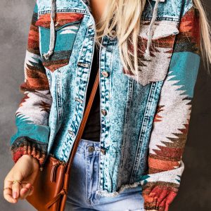 Multicolor Aztec Print Frayed Hem Denim Jacket