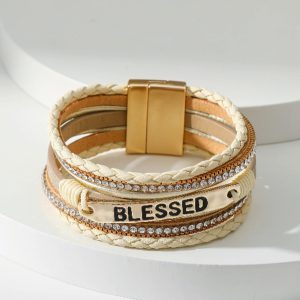 Beige BLESSED Rhinestone Braided Detail Buckle Bracelet