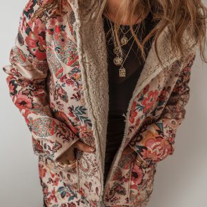 Beige Vintage Paisley Floral Printed Sherpa Lined Hooded Jacket