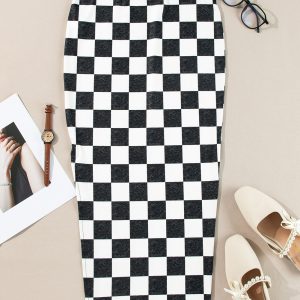 White Checkered Print Side Slit High Waist Midi Skirt