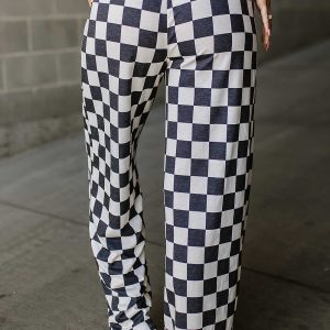 Black 2-Tone Checked Print High Waist Wide Leg Pants