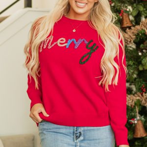 Fiery Red Tinsel Merry Letter Drop Shoulder Baggy Sweater