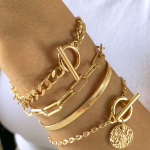 Gold Multi Layered Rhinestone Plated Chain Bracelet Set