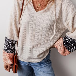 Beige Floral Patchwork Textured Knit Drawstring V Neck Blouse