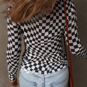 Black Checkered Pattern Mesh Mock Neck Long Sleeve Top