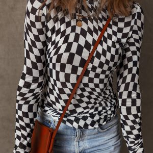 Black Checkered Pattern Mesh Mock Neck Long Sleeve Top