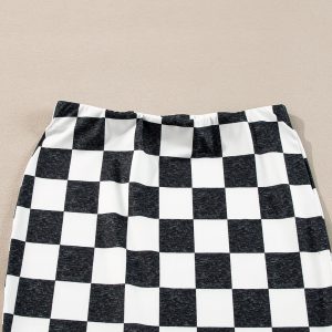 White Checkered Print Side Slit High Waist Midi Skirt