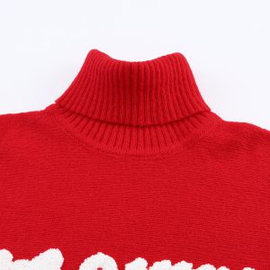 Red Merry Letter Embroidered High Neck Sweater