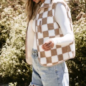 Khaki Checkered Sherpa Collared Jacket Vest