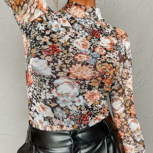 Brown Floral Long Sleeve High Neck Sheath Mesh Blouse