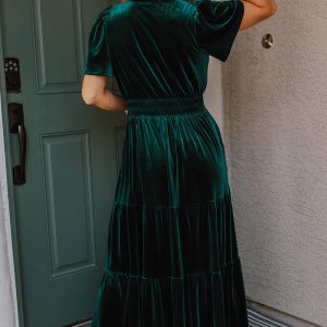 Evergreen Velvet Short Sleeve Shirred Waist Tiered Maxi Dress