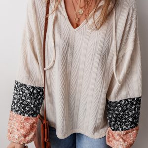 Beige Floral Patchwork Textured Knit Drawstring V Neck Blouse