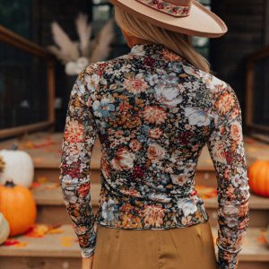 Brown Floral Long Sleeve High Neck Sheath Mesh Blouse