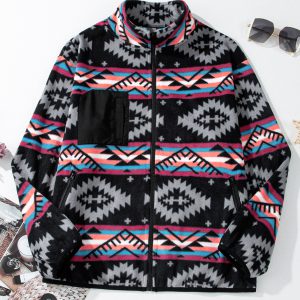 Black Aztec Printed Zip Up Collar Jacket