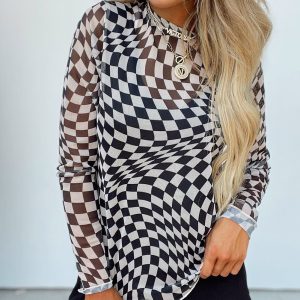 Black Checkered Pattern Mesh Mock Neck Long Sleeve Top