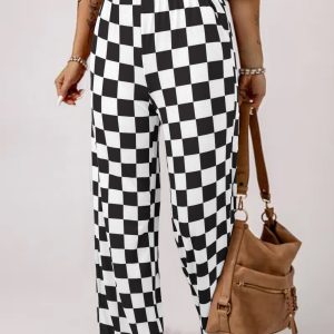 Black 2-Tone Checked Print High Waist Wide Leg Pants