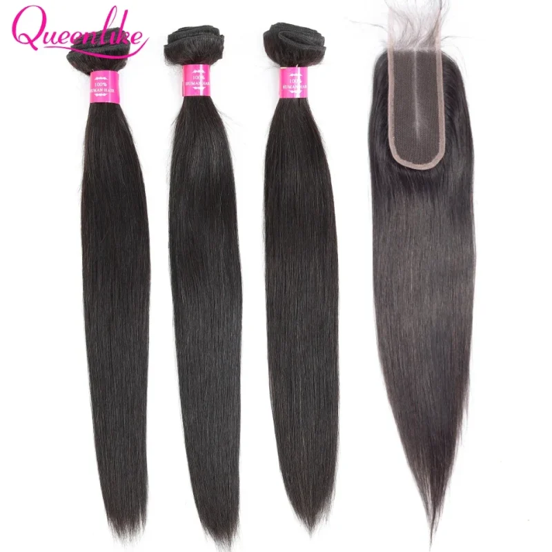 Queenlike Straight Human Hair Bundles with 2x6 Deep Middle Part HD Lace Closure 12A Brazilian Raw Hair Bundles with Closures 1