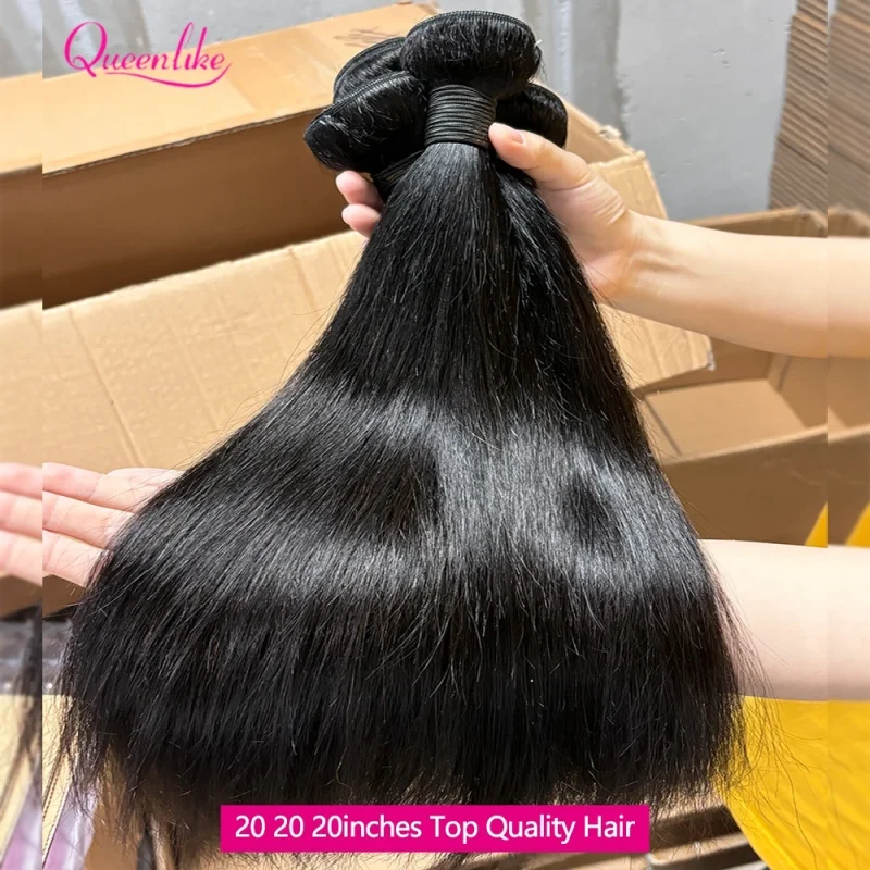 Queenlike Straight Human Hair Bundles with 2x6 Deep Middle Part HD Lace Closure 12A Brazilian Raw Hair Bundles with Closures 2