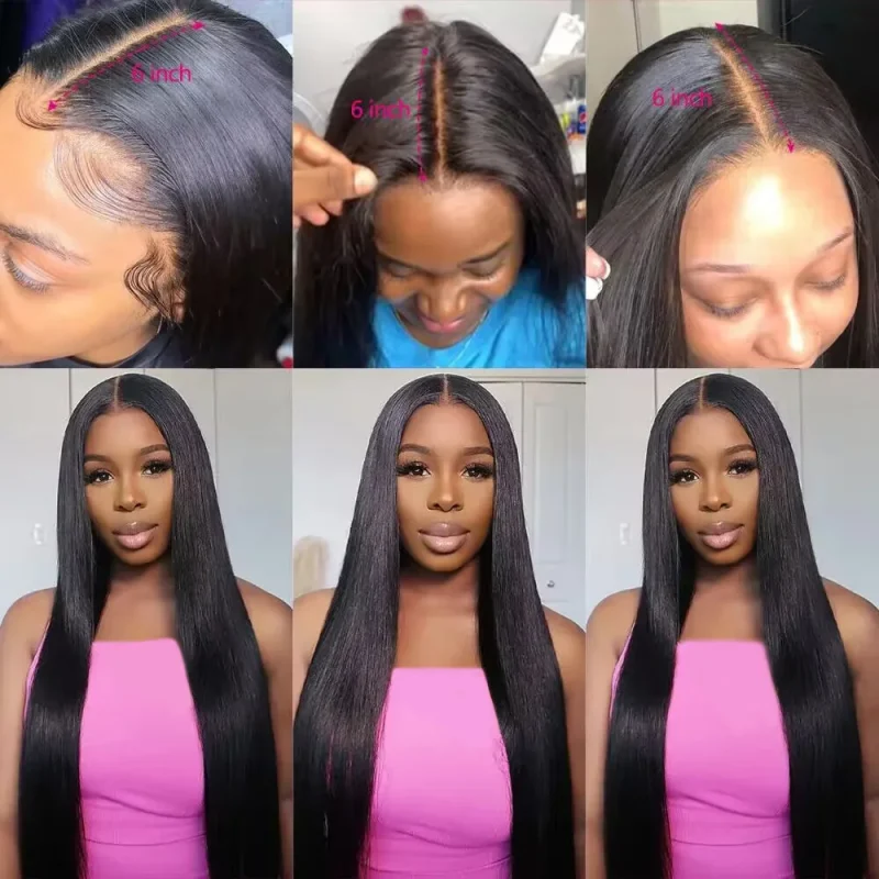 Queenlike Straight Human Hair Bundles with 2x6 Deep Middle Part HD Lace Closure 12A Brazilian Raw Hair Bundles with Closures 6