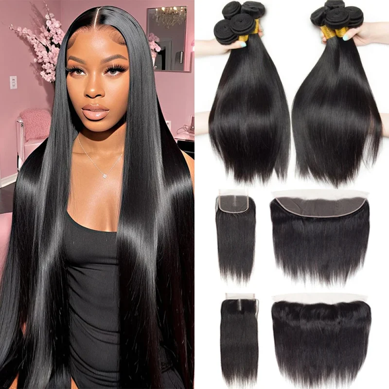 Malaysian Human Hair Natural straight Bundles With Frontal Closure 4*4 1