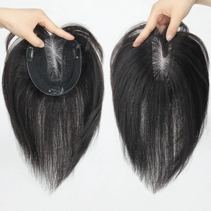 Human Hair Toppers for Women Wigs 12 Inch Real Human Hair Clip in Hair Pieces Silk Base with Free Parting Human Hair Wigs 3
