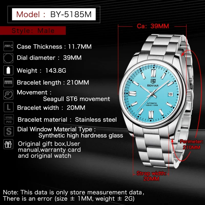 BENYAR New Luxury Automatic Watch 10Bar Waterproof Stainless Steel Men Mechanical Wristwatches Sports Diving Watch for Men - Image 5