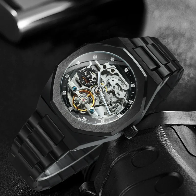 Forsining Silver Automatic Watch Men 3D Diamond Dial Irregular Tourbillon Skeleton Mechanical Wristwatches Luminous Hands Clock - Image 3