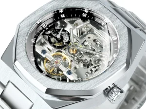 Forsining Silver Automatic Watch Men 3D Diamond Dial Irregular Tourbillon Skeleton Mechanical Wristwatches Luminous Hands Clock