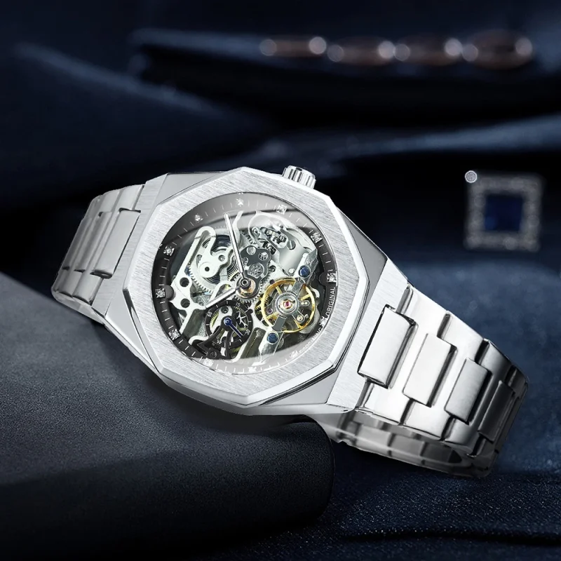 Forsining Silver Automatic Watch Men 3D Diamond Dial Irregular Tourbillon Skeleton Mechanical Wristwatches Luminous Hands Clock - Image 2