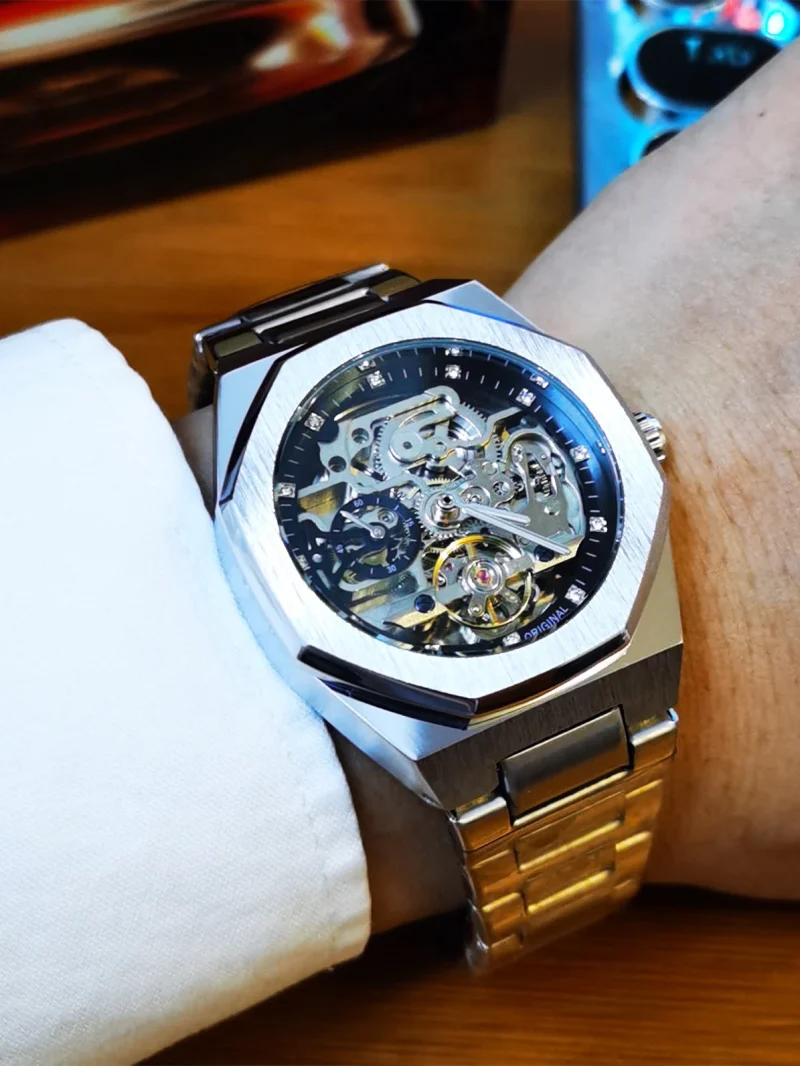 Forsining Silver Automatic Watch Men 3D Diamond Dial Irregular Tourbillon Skeleton Mechanical Wristwatches Luminous Hands Clock - Image 4