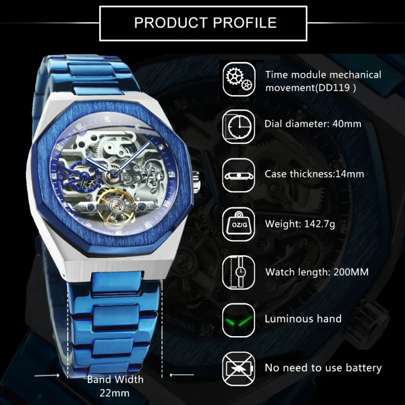 Forsining Silver Automatic Watch Men 3D Diamond Dial Irregular Tourbillon Skeleton Mechanical Wristwatches Luminous Hands Clock - Image 6